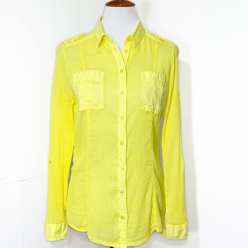 SOLD-Anthropologie Crinkle Roll Sleeve Bright Yellow Buttondown Top - Picture 4 of 9